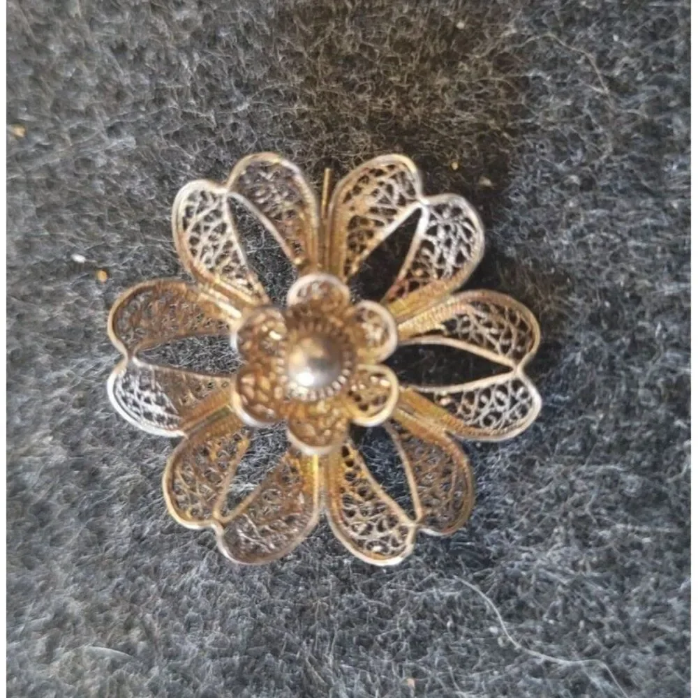Vintage Sterling Vermeil Filigree Blossom Brooch, Portugal, 1.25